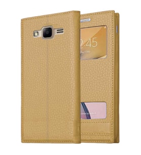 Samsung Galaxy J1 Mini Prime Uyumlu Pencereli Kapaklı Magnum Kılıf (Gold)