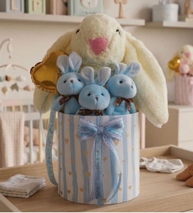Özel Kutuda Uyku Arkadaşı Bunny Peluş Tavşan ile Erkek Yeni Doğan Hediye Seti  Babyshower, Yenidoğan Hediyesi (Mavi)