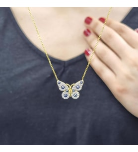 Nazarlı Kelebek Zirkon Taşlı Gold Kaplama 925 Ayar Gümüş Kolye