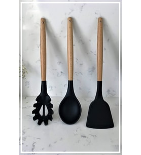 Bambu Saplı Silikon Kaşık & Spatula & Spagetti - Siyah