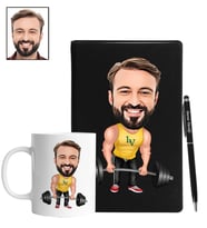 Kişiye Özel Fitness Tasarımlı Karikatür Siyah Defter Kalem Kupa Seti 57