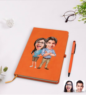 BK Gift Kişiye Özel Sevgililer Karikatürlü Turuncu Termo Deri Defter Kalem Seti Model 101