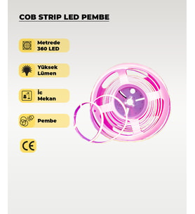 12V COB Şerit Led Pembe Işık  - Metrede 360 Led - 5 Metre