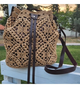 Motifli Büzgülü Kraft Rengi Hasır Torba Çanta