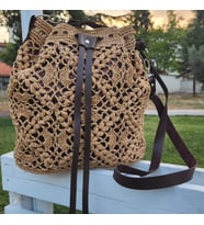 Motifli Büzgülü Kraft Rengi Hasır Torba Çanta