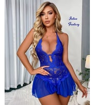Intive Fantasy Saks Mavisi Derin Dekolte Dantelli Transparan Ağı Açık Mini Büstiyer/Gecelik