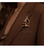 Mikroskop Figürlü Taş Detaylı Metal Broş – Gold Renk Bilim Temalı Tasarım