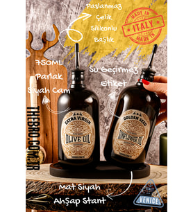 750ML Siyah Ahşap Standlı Zeytinyağı ve Ayçiçek Yağı Şişesi Seti