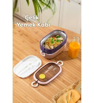 Porsima 66729-1 Stainless Steel Vakumlu Lunch Box İki Katlı Paslanmaz Çelik Kolay Kilitlenir Kendinden Kaşıklı Sefer Tası – 1300ml Pembe-Lila