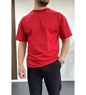 Erkek Oversize %100 Pamuk Nefes Alan Basic T-shirt Kırmızı Edw038