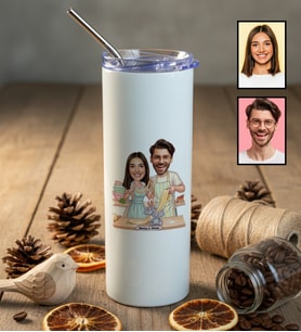 Kişiye Özel Karikatür Yemek Yapan Romantik Çift Pipetli Matara Sevgililer Günü Hediyesi