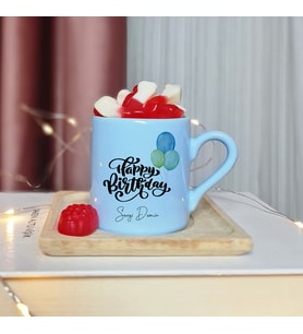 Happy Birthday Tasarımlı Kişiye Özel Mavi Türk Kahvesi Fincan