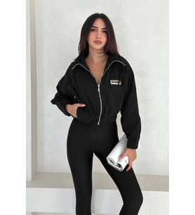 Etiket Detaylı Beli Lastikli Ceket Siyah