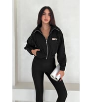 Etiket Detaylı Beli Lastikli Ceket Siyah