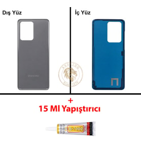 Samsung Galaxy S20 Ultra Gri Renk Arka Kapak + B7000 Yapıştırıcı Arka Cam Batarya Kapağı Pil Kapağı Lazer Kesim Back Cover Galaxy S20 Ultra Uyumlu