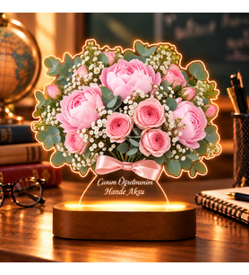 BK Gift Kişiye Özel Pembe Şakayık ve Gül Işıklı Çiçek Buketi LED Lamba