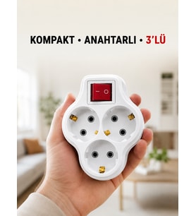 Anahtarlı 3’lü Priz Çoğaltıcı Kablosuz Duvar Tipi Topraklı Priz Çoklayıcı