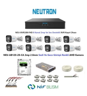 Neutron 2mp 8 kameralı Gece Renkli Sesli Dış ortam AHD Full Kamera Seti 500GB Disk NEU-AB120-28-CA