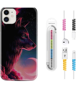 Apple iPhone 11 12 13 Mini Kılıf Kablo Koruma Spiral Silikon Wolf and Moon 1380
