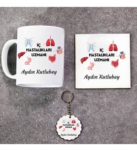 İç Hastalıkları Uzmanı Kupa Bardak Altlık ve Anahtarlık Hediye Seti (Model 1)