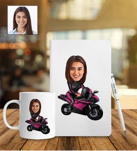 Kişiye Özel Motorcu Kadın Tasarımlı Karikatür Defter Kalem Kupa Set 58