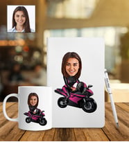 Kişiye Özel Motorcu Kadın Tasarımlı Karikatür Defter Kalem Kupa Set 58