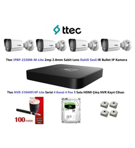 Ttec 2mp Mikrofonlu 4 Kameralı 500GB Disk Tak Çalıştır Hazır IP Kamera Seti