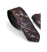 Bej Lacivert Motif Desenli Kahverengi Dokuma Kumaş Mendilli Slim Fit Kravat  / SDK-220710 (Renksiz)