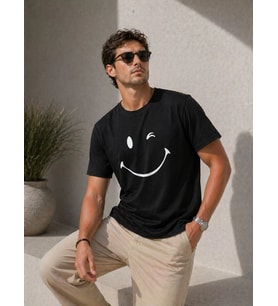Virelto Erkek Siyah Gülümseyen Yüz Tasarımlı T-Shirt
