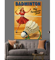 Badminton Oynayan Kadın Çizimli Afiş Dekoratif Kanvas - Mdf Ahşap Tablo