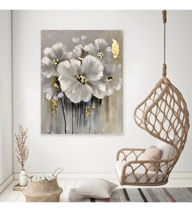Tablolife Gold Varaklı Beyaz Çiçekler Yağlı Boya Dokulu Tablo 100X150,Çerçeve;Siyah