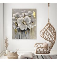 Tablolife Gold Varaklı Beyaz Çiçekler Yağlı Boya Dokulu Tablo 100X150,Çerçeve;Siyah