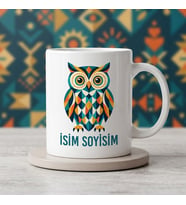 Kişiye Özel İsimli Geometrik Desenli Baykuş Tasarımlı Seramik Kupa Bardak