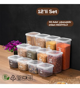 Porsima 1174 12'li Etiketli Kapaklı Gıda Kavanoz Saklama Kabı Seti Erzak Kabı Organizer Şeffaf Kapak