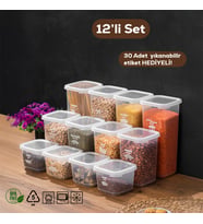 Porsima 1174 12'li Etiketli Kapaklı Gıda Kavanoz Saklama Kabı Seti Erzak Kabı Organizer Şeffaf Kapak