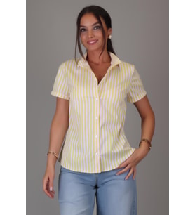 SWEETNESS Kadın Sarı Çizgili Kısa Kollu Likralı Pamuklu Klasik Gömlek DK004-6