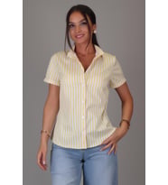 SWEETNESS Kadın Sarı Çizgili Kısa Kollu Likralı Pamuklu Klasik Gömlek DK004-6