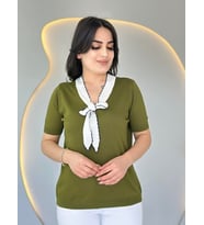 Kadın Kısa Kollu V Yaka Fular Detay Merserize Triko Bbluz (Yeşil)