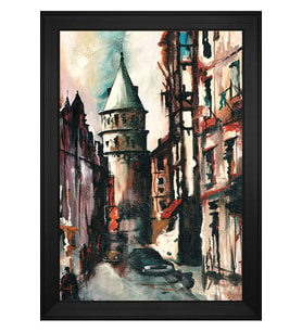 Yağlı Boya Galata Kulesi Motifli Kanvas Tablo 80 x 110 cm Siyah Çerçeve