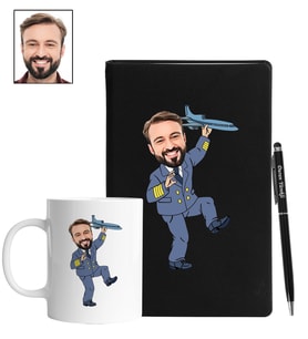 Kişiye Özel Pilot Tasarımlı Karikatür Siyah Defter Kalem Kupa Seti 102