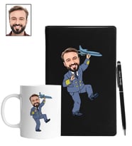 Kişiye Özel Pilot Tasarımlı Karikatür Siyah Defter Kalem Kupa Seti 102