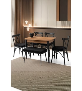 Mini 60 x 100 Milano Mdf Ortadan Açılır Masa 4 Ad Çapraz Sandalye 1 Ad sırtsız Mini Bench