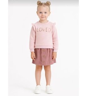 Kız Çocuk "Loved" Nakışlı Sweatshirt ve Kadife Etek İkili Takım-107581P