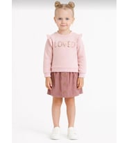 Kız Çocuk "Loved" Nakışlı Sweatshirt ve Kadife Etek İkili Takım-107581P