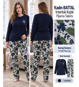 Angelina Kadın Battal Düğmeli Yaka %100 Pamuk İnterlok Kışlık Pijama Takımı 10012 - 1 Adet