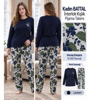 Angelina Kadın Battal Düğmeli Yaka %100 Pamuk İnterlok Kışlık Pijama Takımı 10012 - 1 Adet