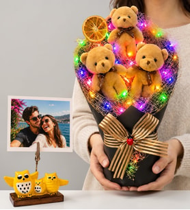 Kişiye Özel Fotoğraflı Renkli Led Işıklı Büyük Boy Kahverengi Peluş Ayıcık Buketi