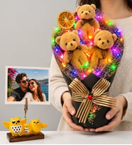 Kişiye Özel Fotoğraflı Renkli Led Işıklı Büyük Boy Kahverengi Peluş Ayıcık Buketi