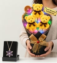 Doğum Günü Hediyesi Kişiye Özel Renkli Led Işıklı Peluş Ayıcık Buketi (Sarı) ve Gerçek Ametist Taşlı Lotus Kolye