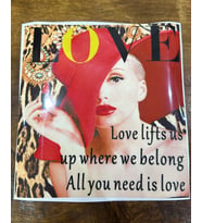 21X20 CM ÜTÜ İLE YAPIŞAN  KIRMIZI ŞAPKALI LOVE YAZILI KADIN ARMA TRANSFER BASKI